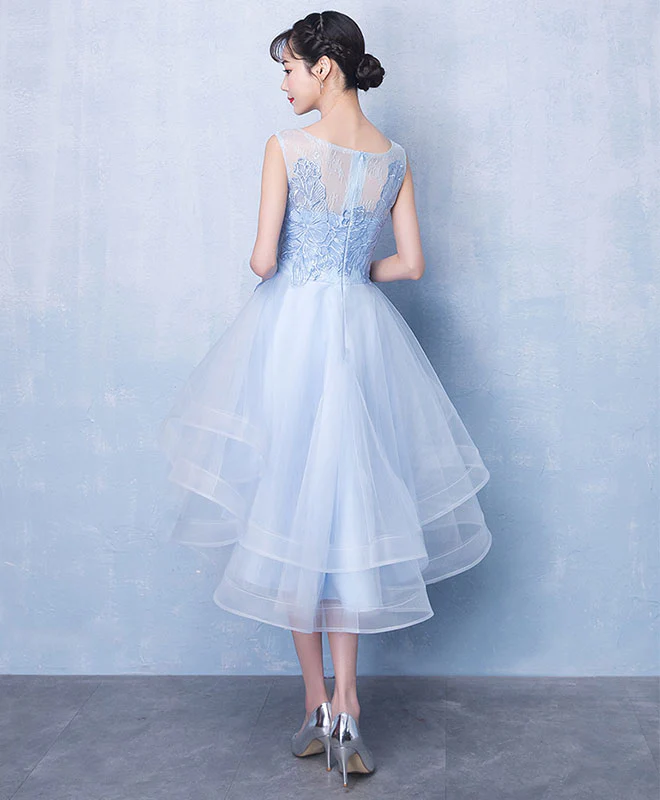 Blue Scoop Neck Tulle Short Prom Dresses, A line Blue Homecoming Dresses - Deanwangkt