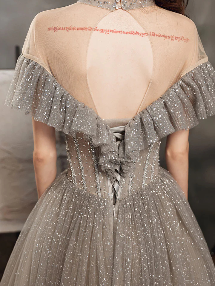Gray High Neck Tulle Sequin Long Prom Dress Gray Formal Dress - Deanwangkt