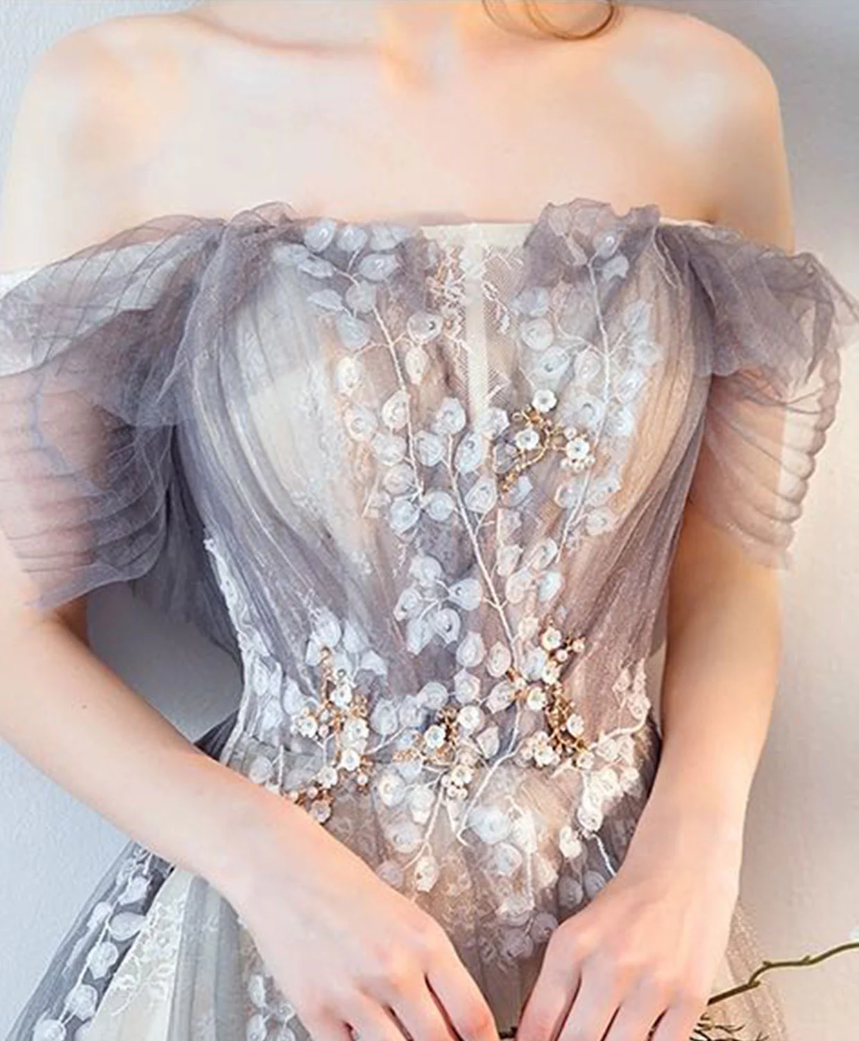 Gray Tulle Lace Long Prom Dress, Gray Tulle Lace Evening Dress - Deanwangkt