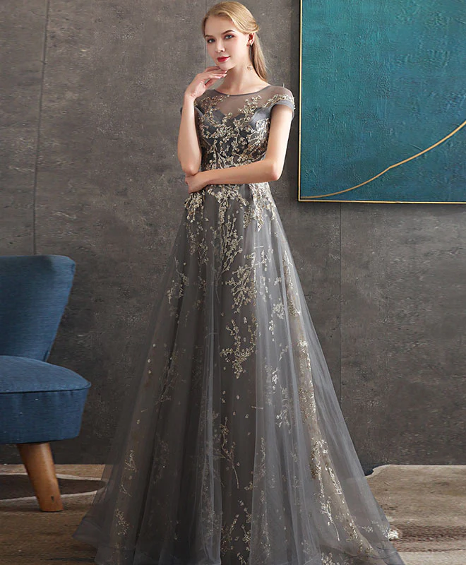 Gray Round Neck Tulle Lace Long Prom Dress Gray Tulle Formal Dress - Deanwangkt