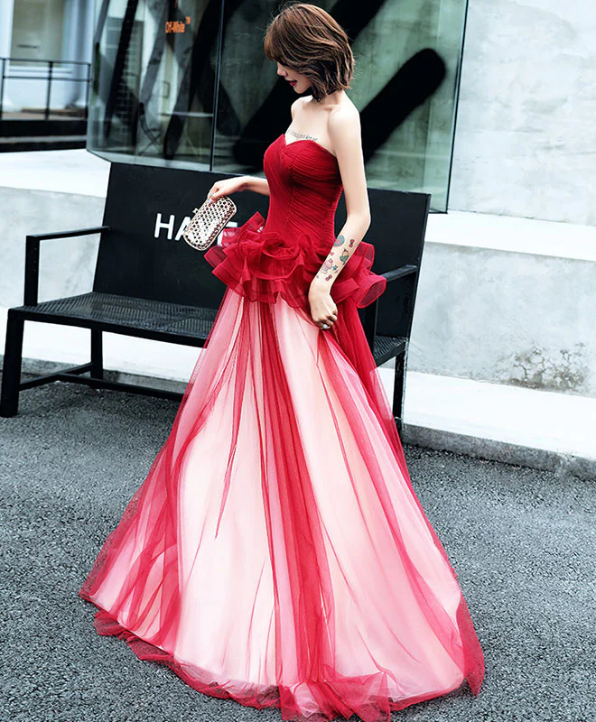 Simple Burgundy Tulle Long Prom Dress, Burgundy Evening Dress - Deanwangkt