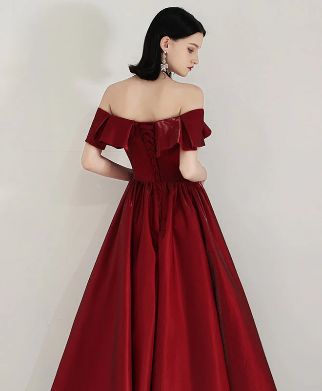 Simple Sweetheart Satin Burgundy Long Prom Dress Evening Dress - Deanwangkt