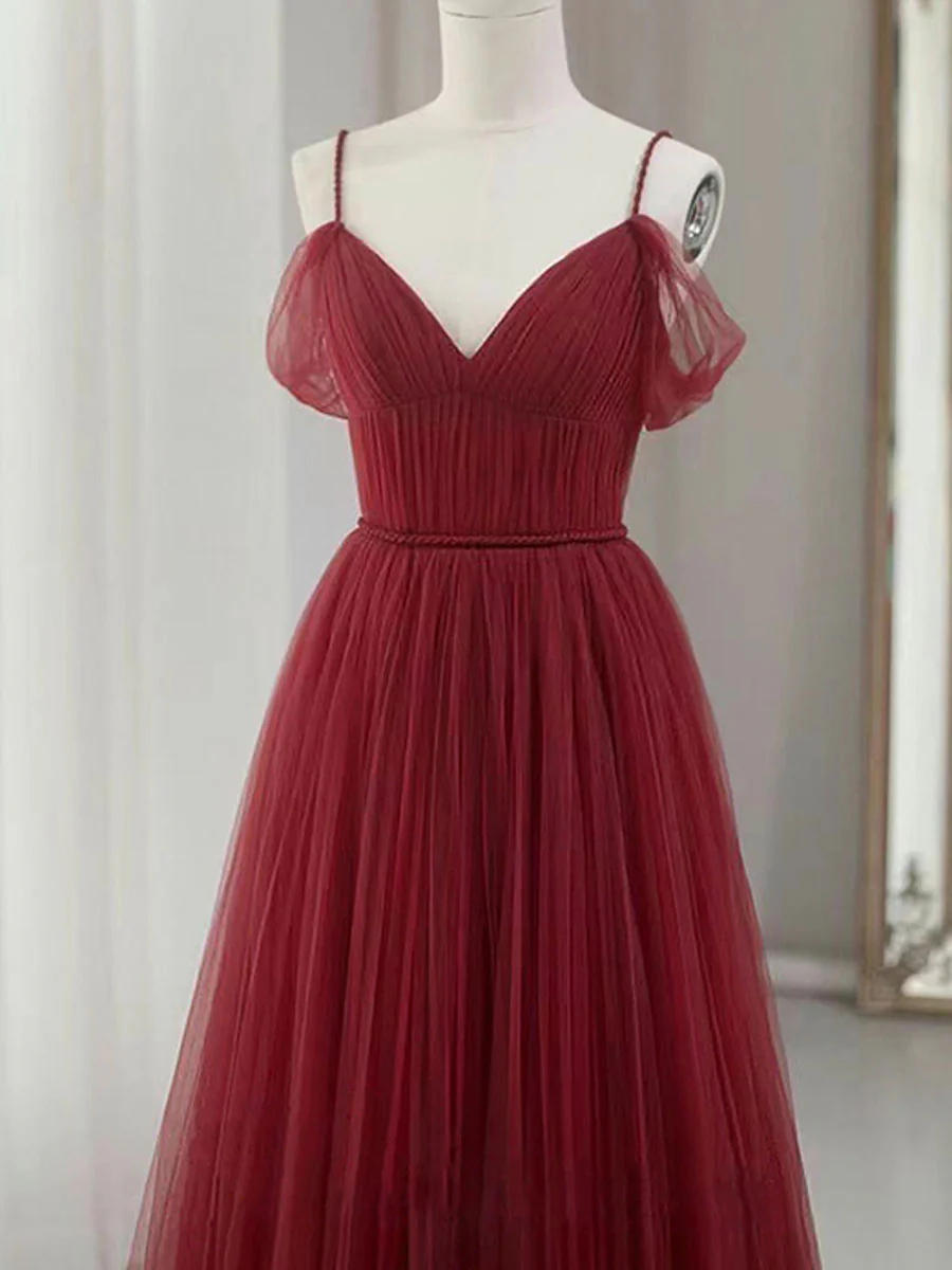Simple V neck Tulle Burgundy Long Prom Dress, Burgundy Tulle Formal Dresses - Deanwangkt