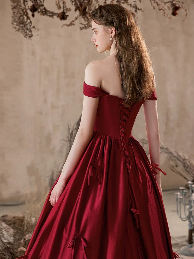A-Line Off Shoulder Satin Burgundy Long Prom Dress, Burgundy Formal Dress - Deanwangkt