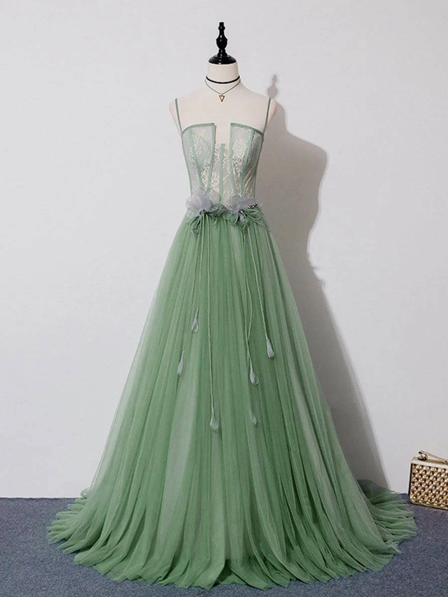 Green Tulle Lace Long Prom Dress, Green Tulle Long Formal Graduation Dress - Deanwangkt