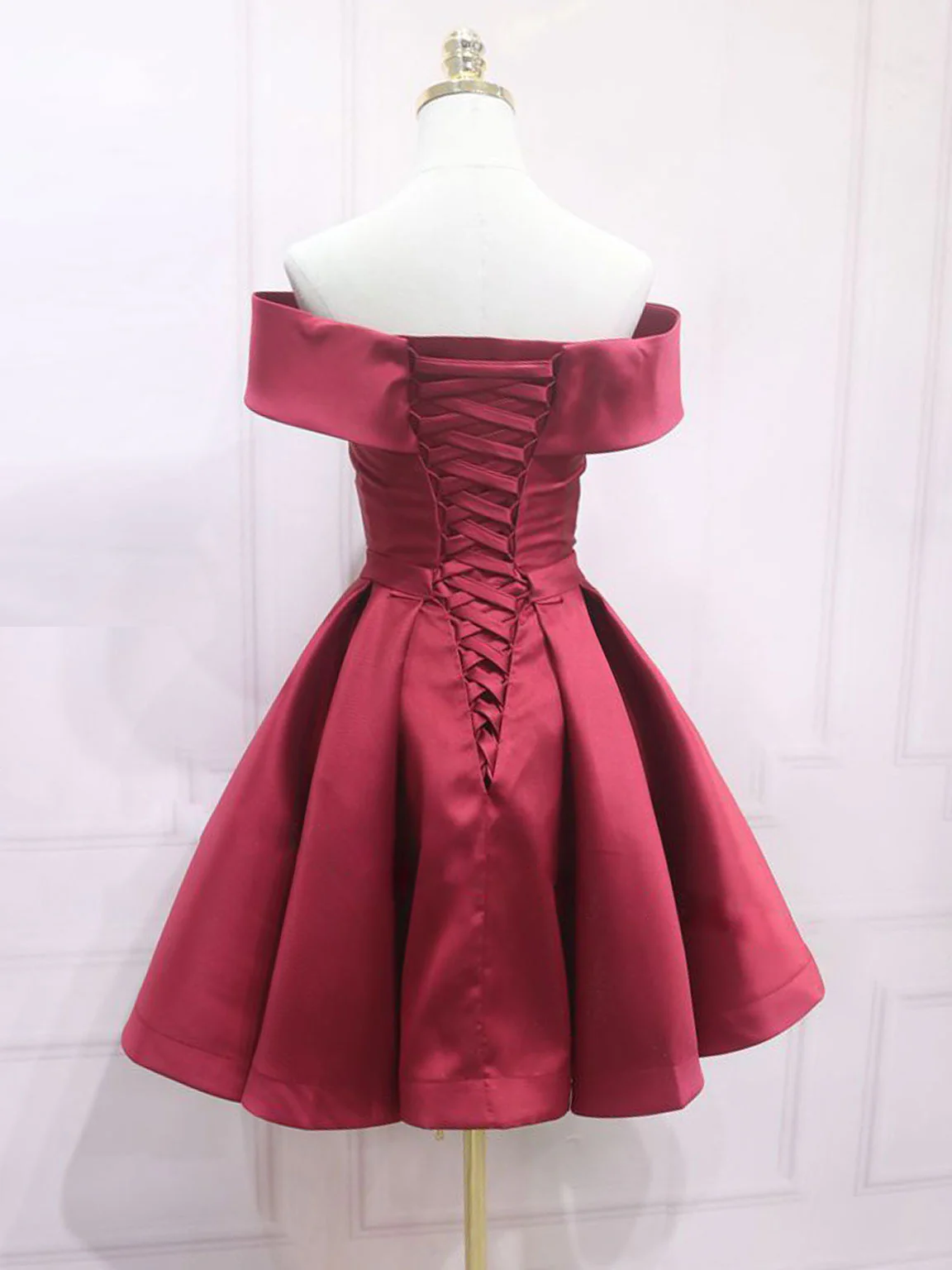 A-Line Off Shoulder Satin Burgundy Short Prom Dress, Burgundy Homecoming Dress - Deanwangkt