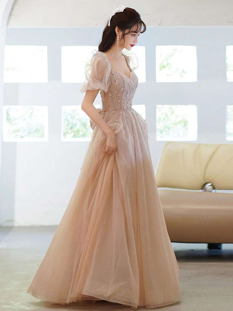 Champagne Tulle Beads Long Prom Dress, Champagne Evening Dress - Deanwangkt