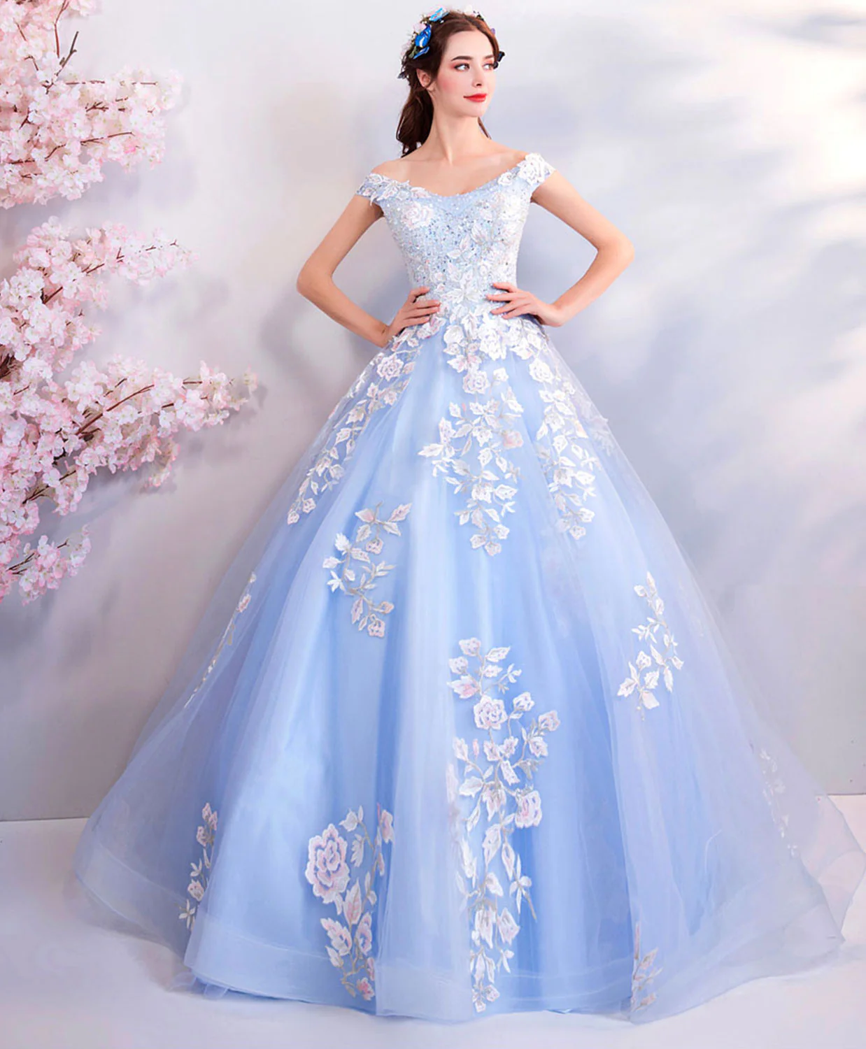 Blue Off Shoulder Tulle Lace Applique Long Prom Dress, Blue Evening Dress - Deanwangkt