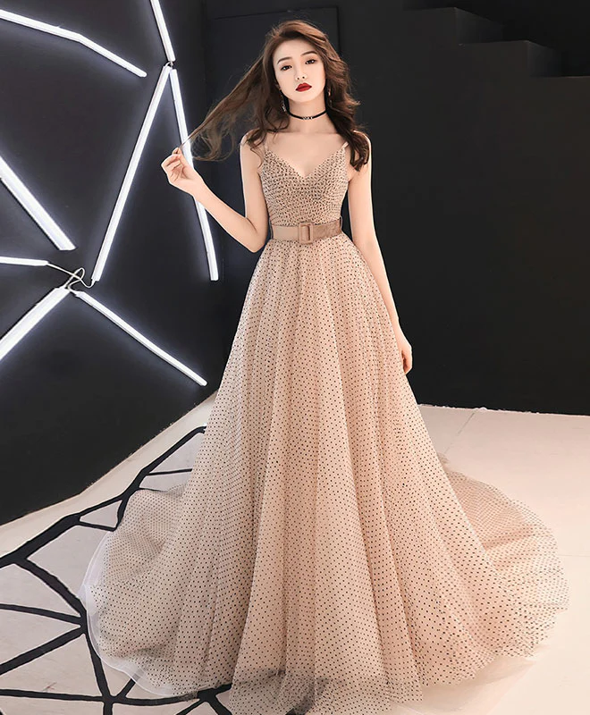 Champagne Sweetheart Tulle Long Prom Dress, Champagne Tulle Evening Dress - Deanwangkt
