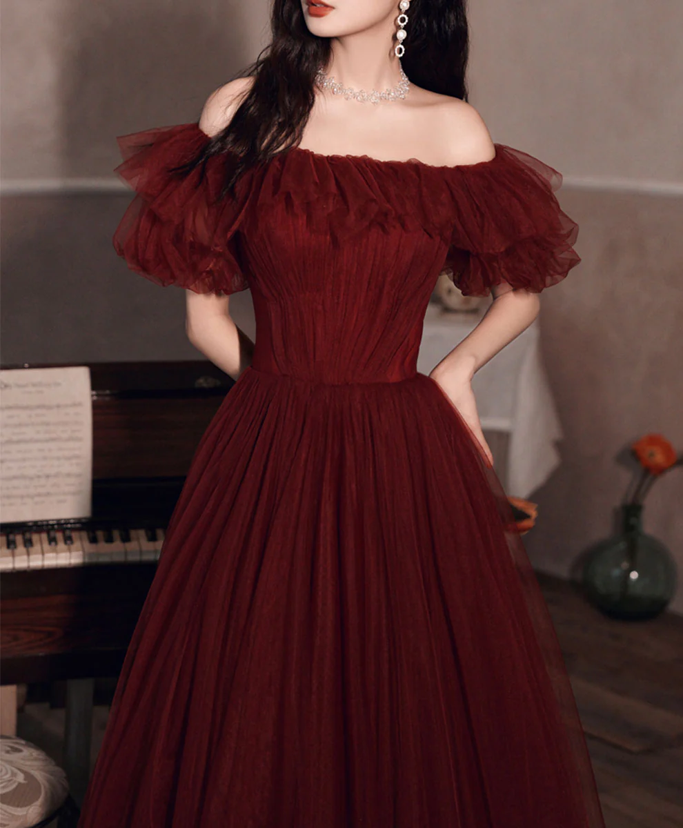 Simple Burgundy Off Shoulder Tulle Long Prom Dress Burgundy Evening Dress - Deanwangkt