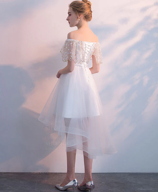 White Tulle Lace Short Prom Dress, White Homecoming Dress - Deanwangkt