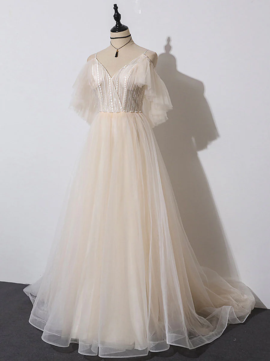 Champagne V Neck Tulle Long Prom Dress, Champagne Evening Dress - Deanwangkt