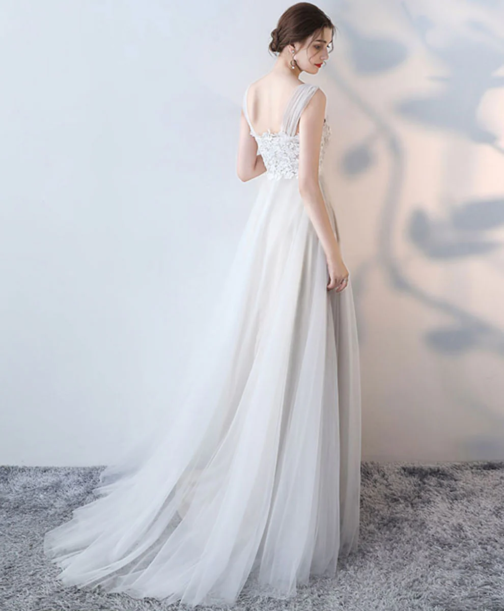 White Round Neck Tulle Lace Long Prom Dress White Formal Dress - Deanwangkt