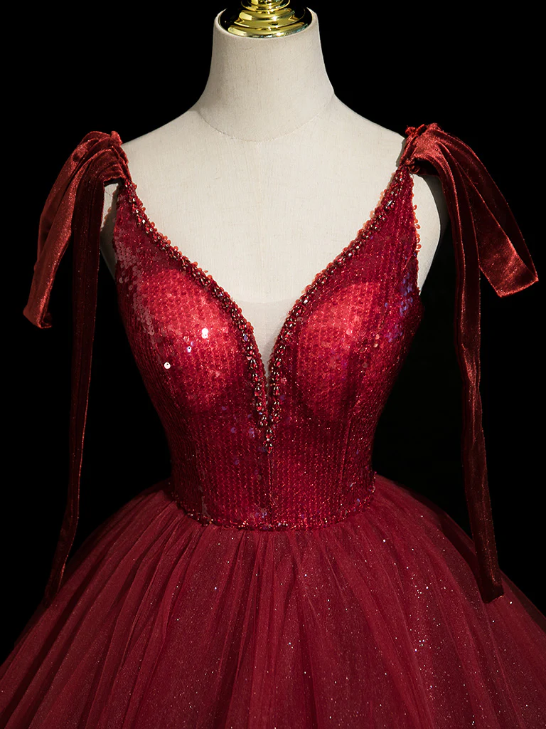 A-Line V Neck Tulle Sequin Burgundy Long Prom Dress, Burgundy Long Evening Dress - Deanwangkt