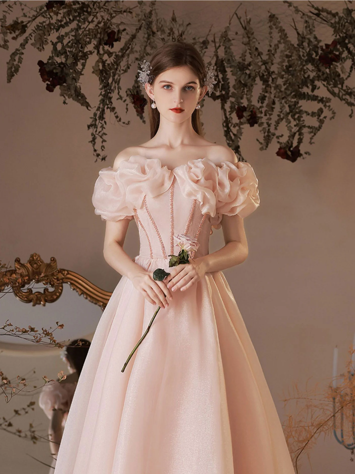 Pink Tulle Off Shoulder Tea Length Prom Dress Pink Tulle Homecoming Dress - Deanwangkt
