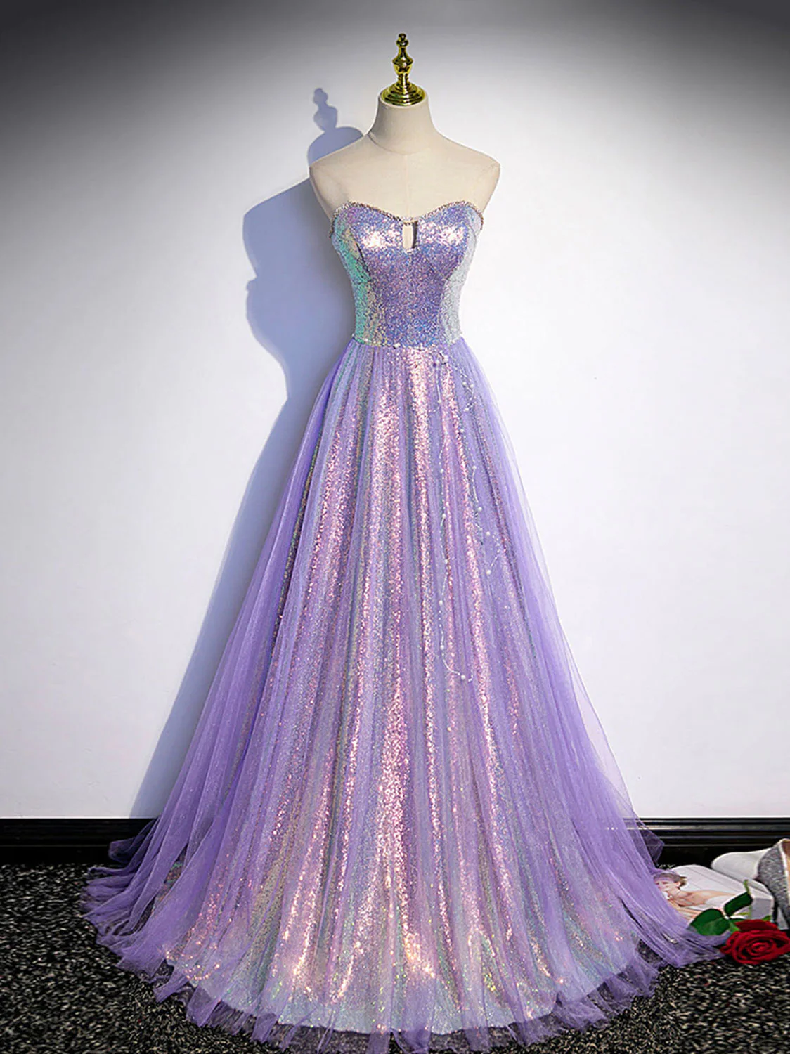 Aline Purple Sweetheart Neck Tulle Long Prom Dress, Purple Evening Dress - Deanwangkt