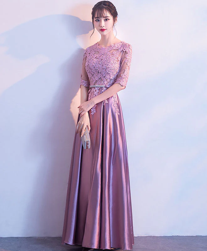 Pink A-Line Lace Long Prom Dress Pink Lace Bridesmaid Dress - Deanwangkt