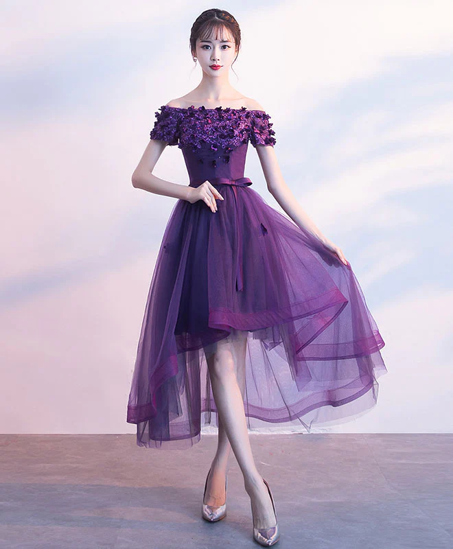 Purpler Tulle Lace Short Prom Dress, Purple Evening Dress - Deanwangkt