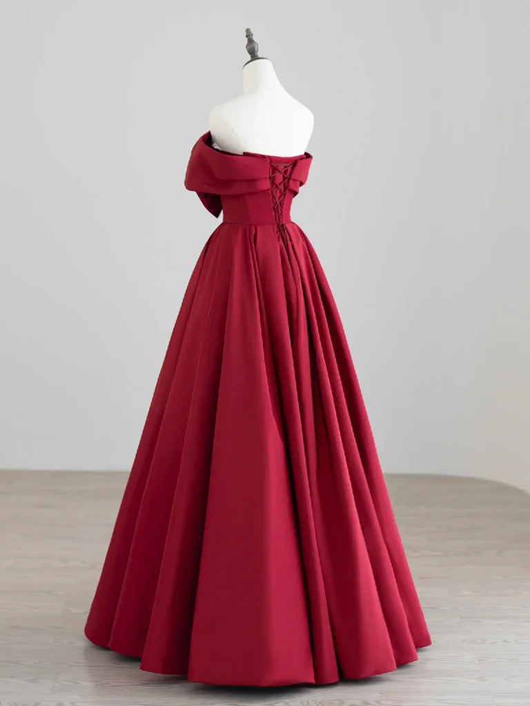 A-Line Satin Dark Red Long Prom Dress, Dark Red Long Formal Dress - Deanwangkt
