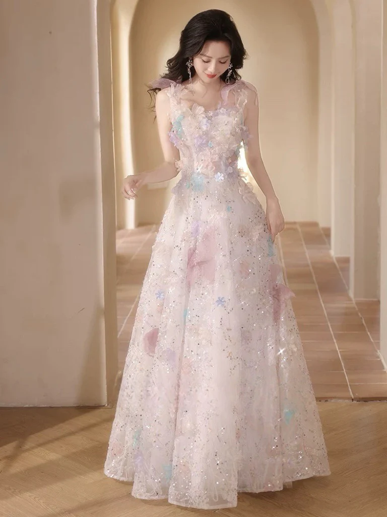 A-Line Tulle Lace Light Pink Long Prom Dress, Light Pink Formal Dress - Deanwangkt