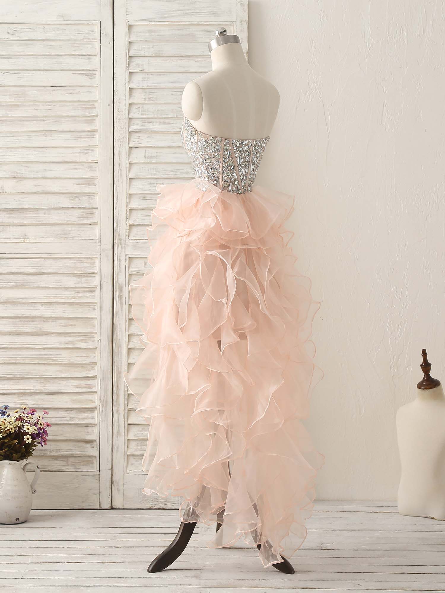 Pink Sweetheart Neck Rhinestones Organza Prom Dress Pink Homecoming Dresses - Deanwangkt