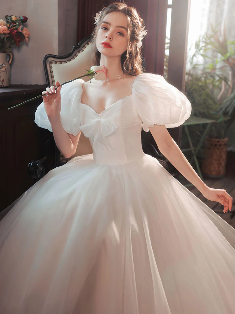 White Tulle Puffy Sleeves Long Prom Dress, White Tulle Sweet 16 Dresses - Deanwangkt