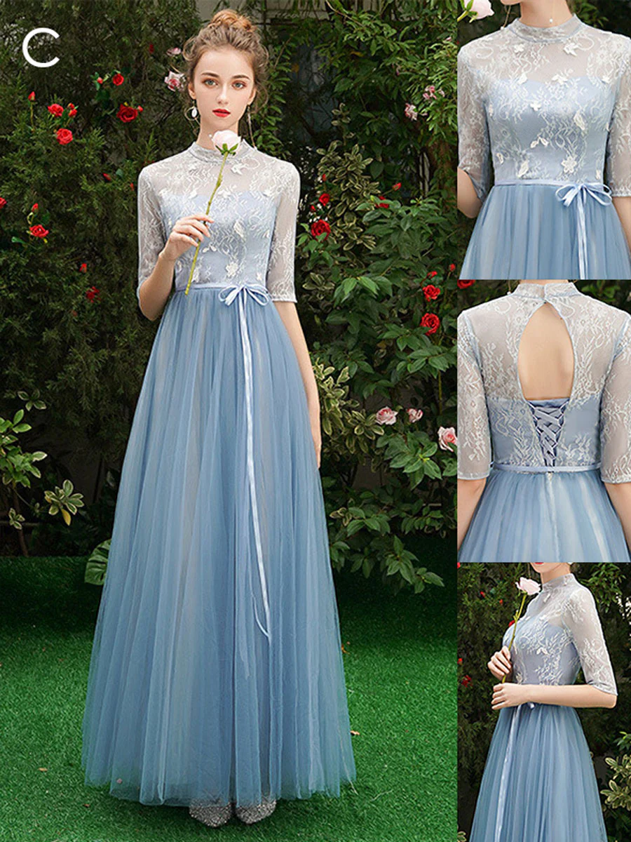 Simple A line Lace Blue Long Prom Dresses, Blue Lace Bridesmaid Dresses - Deanwangkt