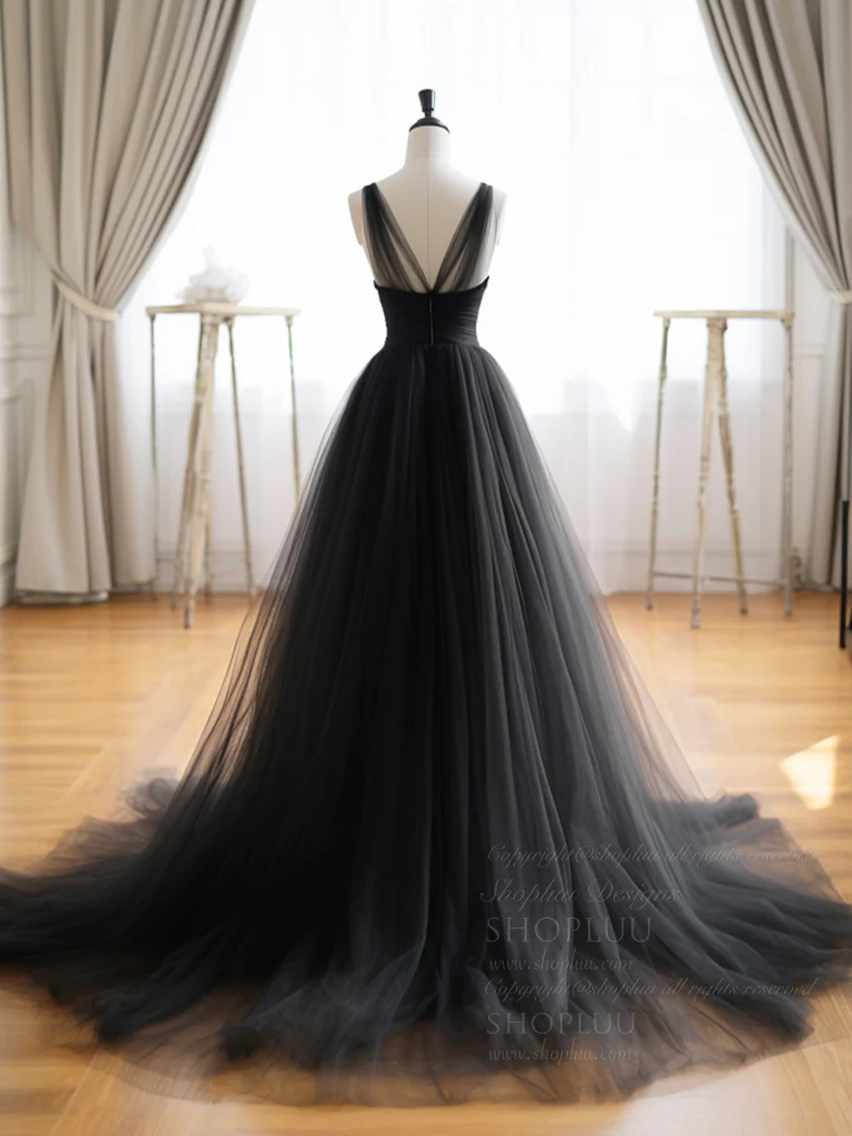 A- Line V Neck Tulle Black Long Prom Dress, Black Tulle Formal Dress - Deanwangkt