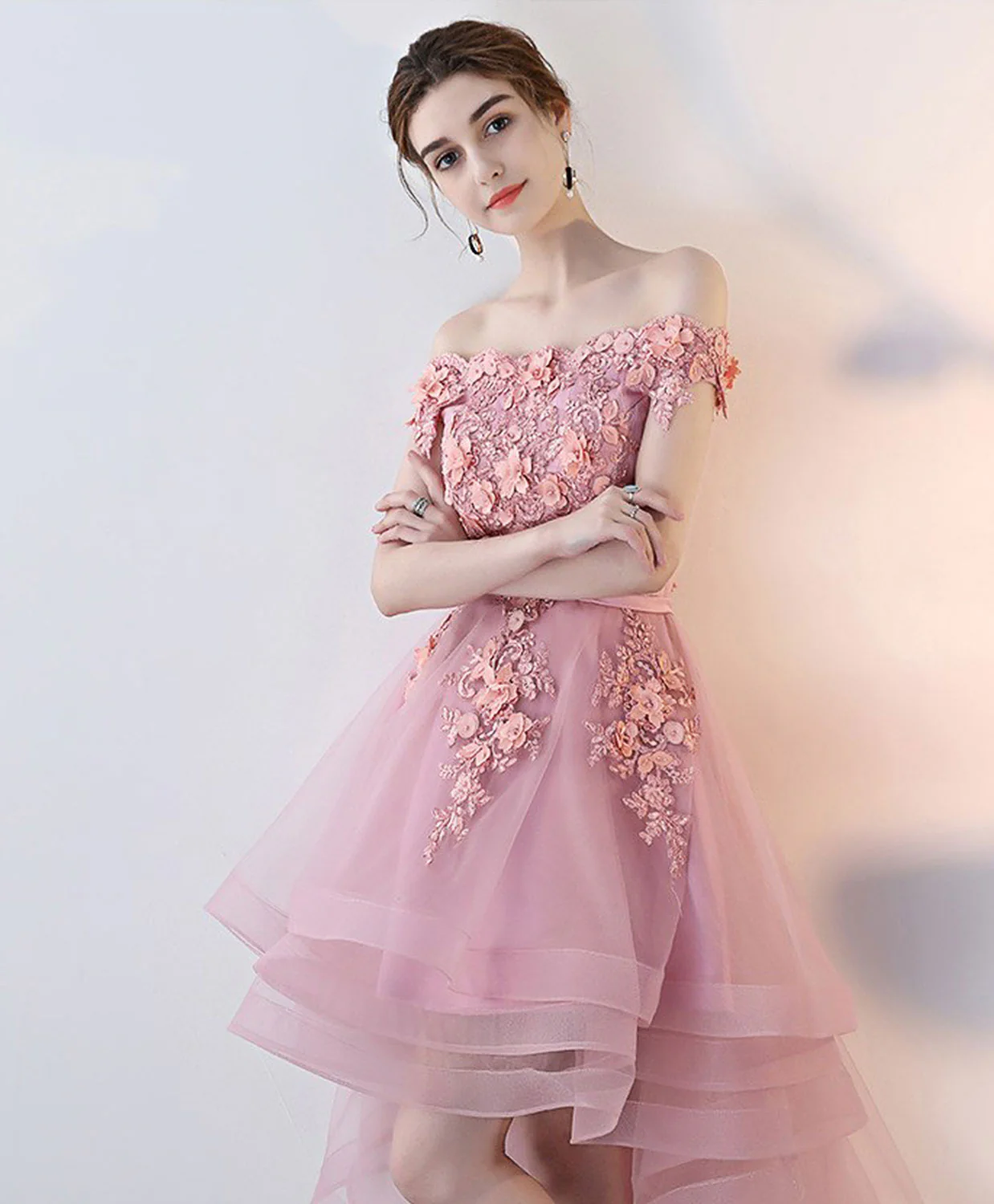 Pink Lace High Low Prom Dress, Pink Homecoming Dress - Deanwangkt