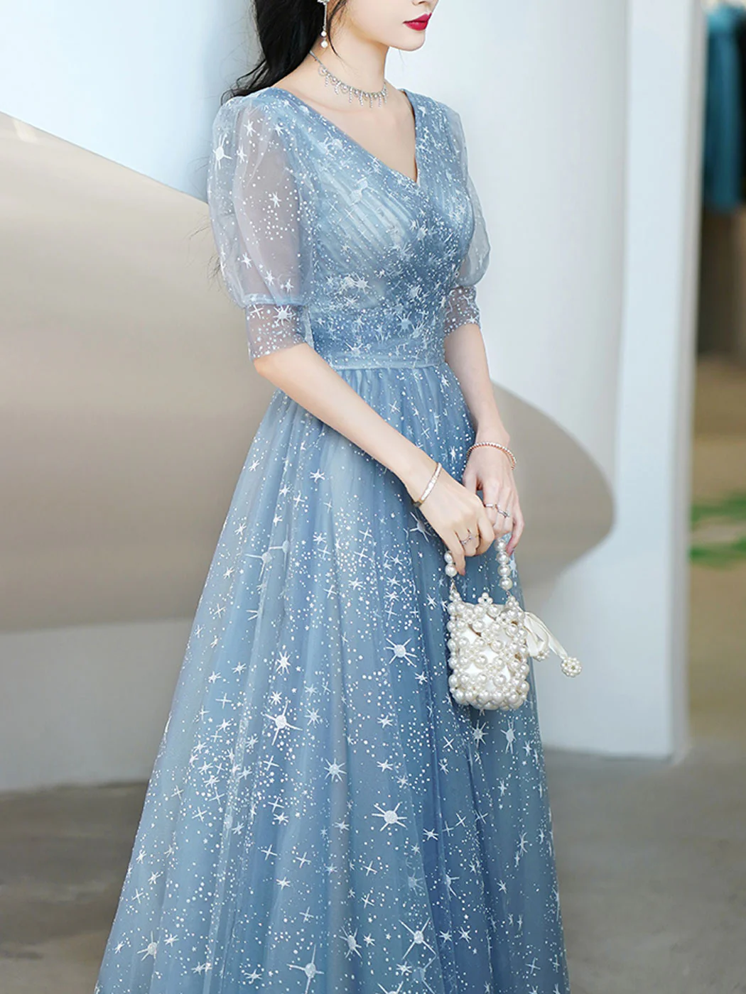 Simple V Neck Tulle Star Blue Long Prom Dress, Blue Formal Bridesmaid Dresses - Deanwangkt