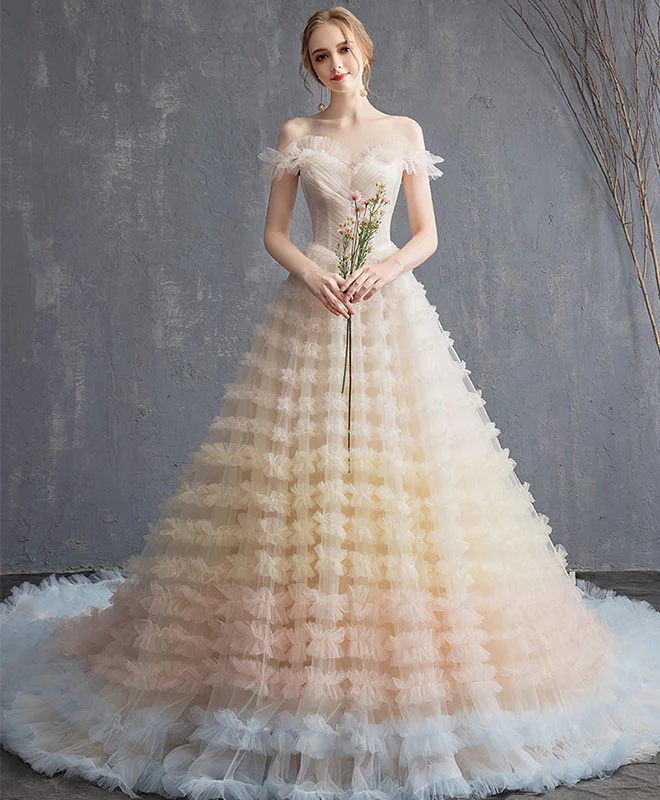 Champagne Sweetheart Tulle Long Prom Dress, Champagne Evening Dress - Deanwangkt