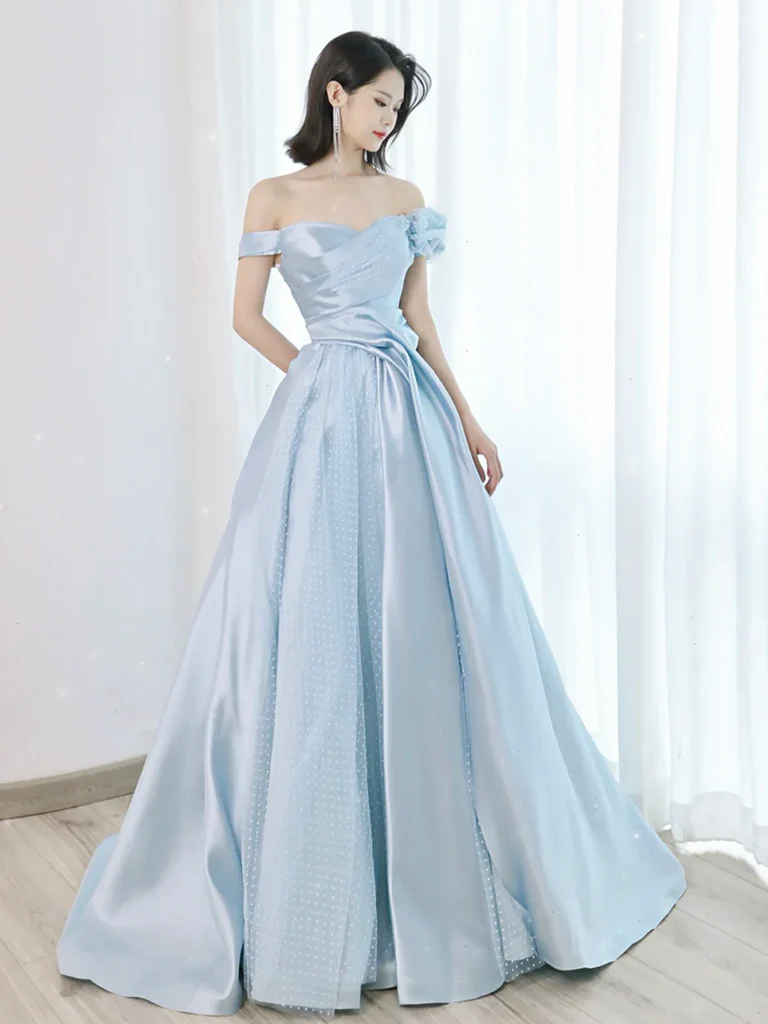 A-Line Off Shoulder Satin Tulle Blue Long Prom Dress, Blue Long Formal Dress - Deanwangkt