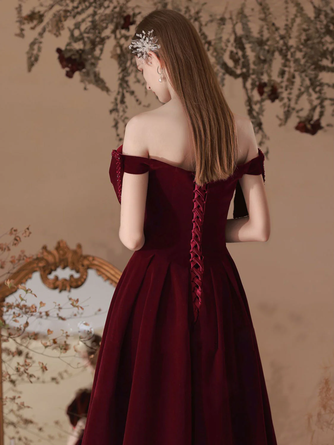 Velvet Sweetheart Neck A-Line Burgundy Prom Dress, Burgundy Evening Dresses - Deanwangkt