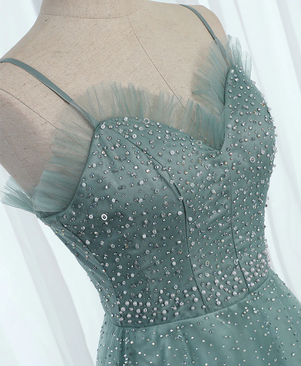 Green Sweetheart Neck Tulle Sequin Long Prom Dress, Tulle Graduation Dress - Deanwangkt