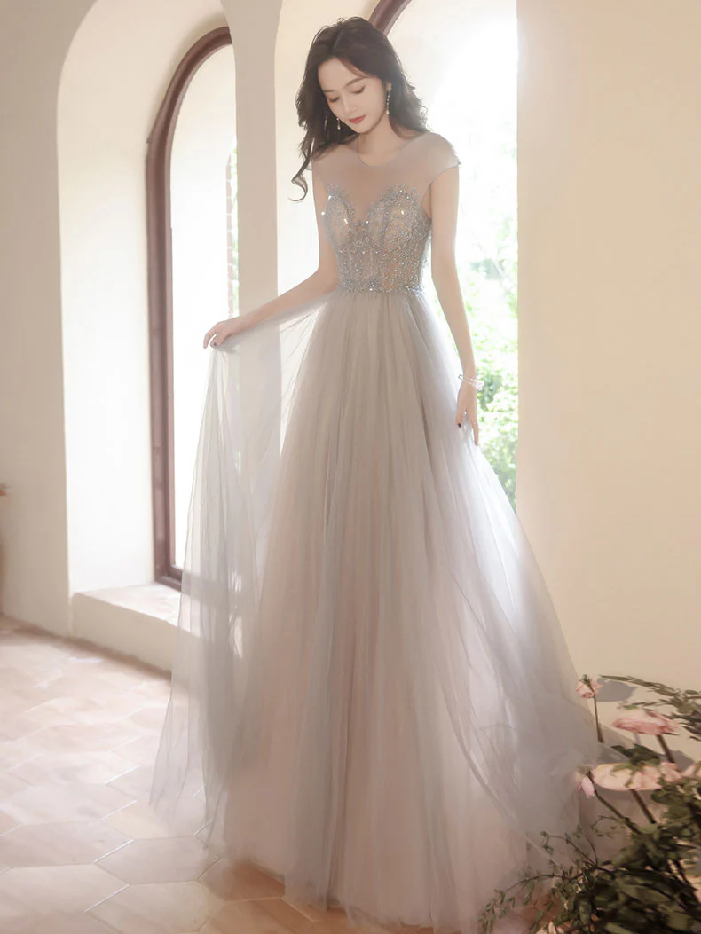 Gray Round Neck Tulle Beads Long Prom Dress, Gray Evening Dress - Deanwangkt
