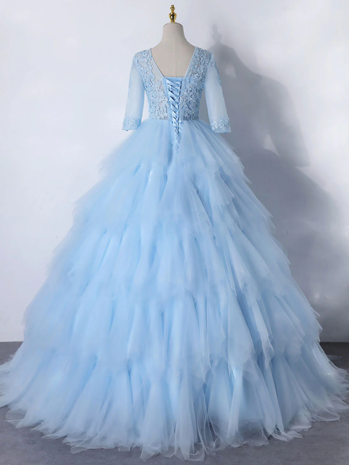 Blue A-Line Tulle Lace Long Prom Dress, Blue Lace Formal Evening Dresses - Deanwangkt