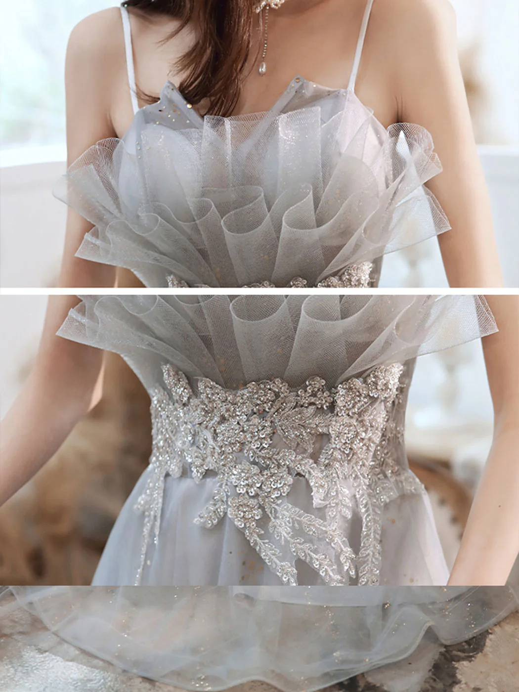 Gray A line Tulle Long Prom Dress, Gray Formal Graduation Dress with Lace Applique - Deanwangkt