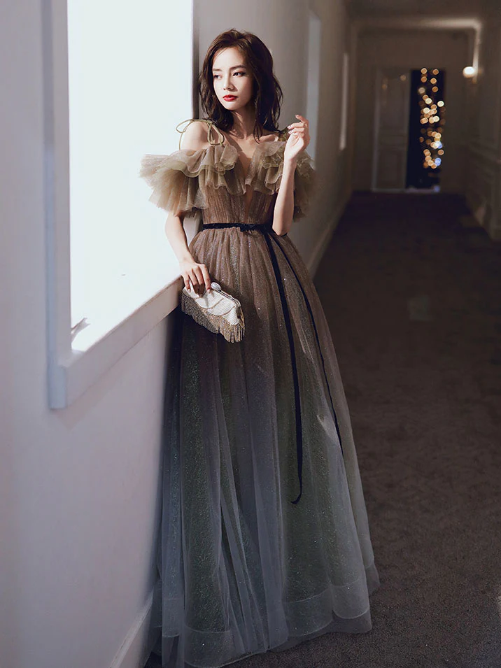 Unique Tulle Off Shoulder Long Prom Dress, Tulle Sequin Evening Dresses - Deanwangkt