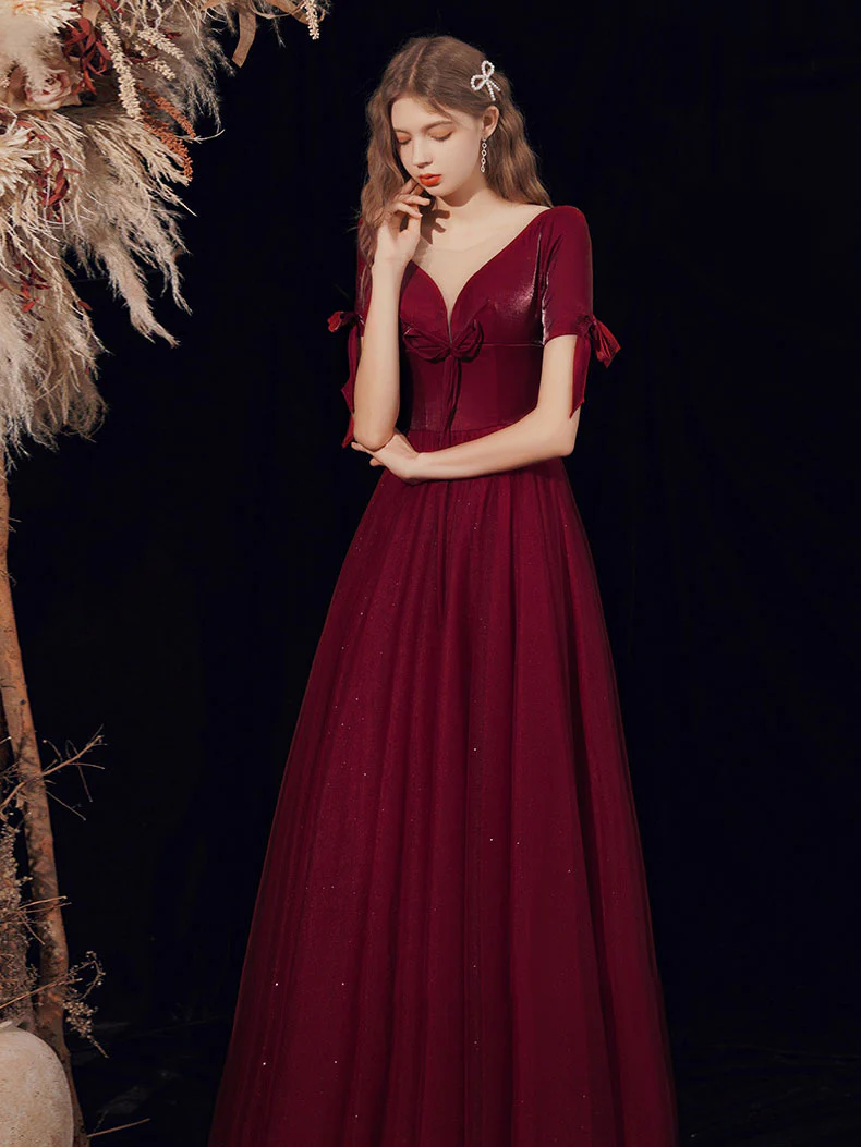Burgundy A-line V Neck Tulle Long Prom Dress Burgundy Evening Dress - Deanwangkt