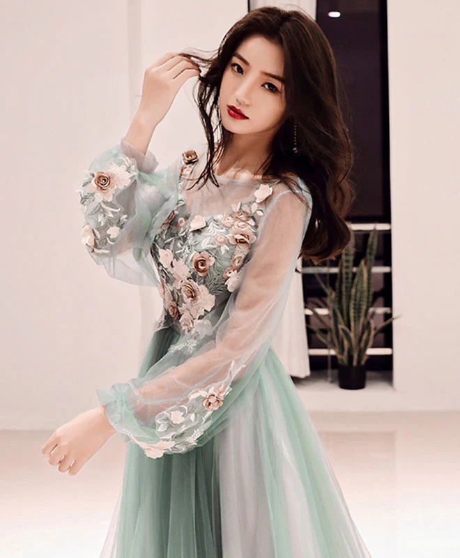 Green Tulle Lace Applique Long Prom Dress, Green Evening Dress - Deanwangkt