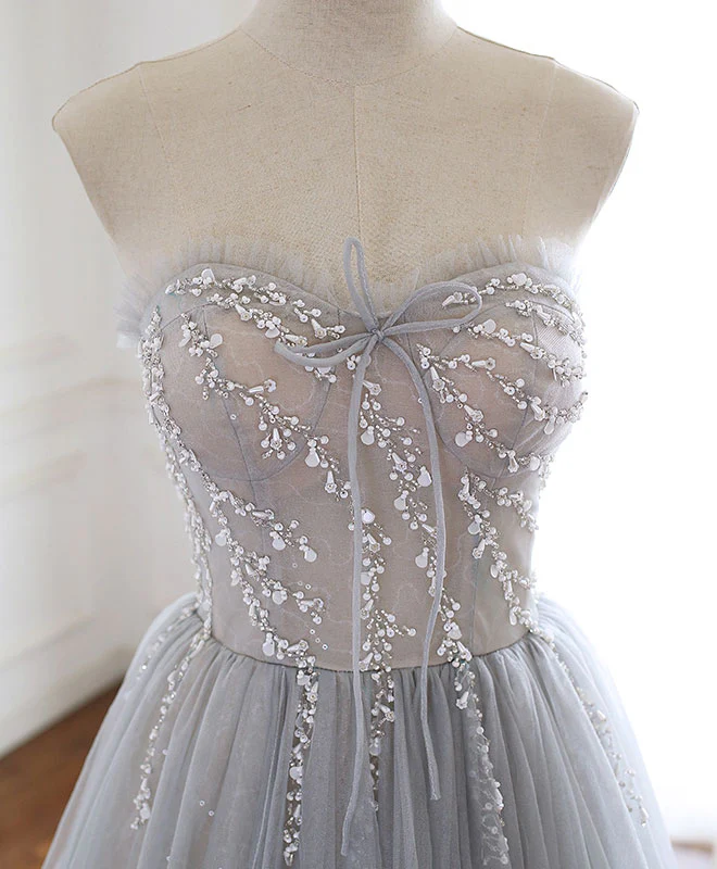 Gray Sweetheart Tulle Beads Long Prom Dress Gray Tulle Formal Dress - Deanwangkt