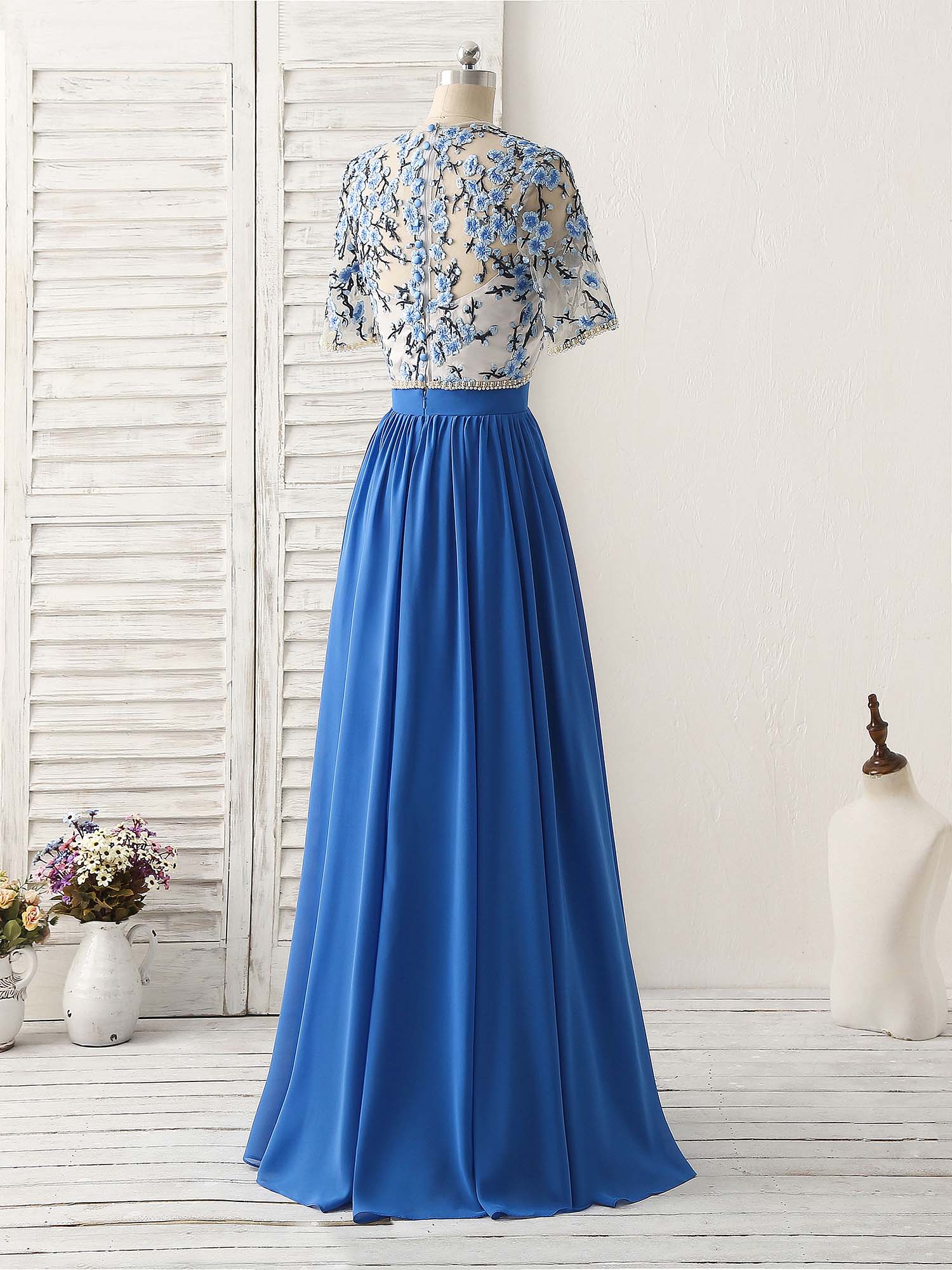 Unique Blue Two Pieces Long Prom Dress Applique Formal Dress - Deanwangkt
