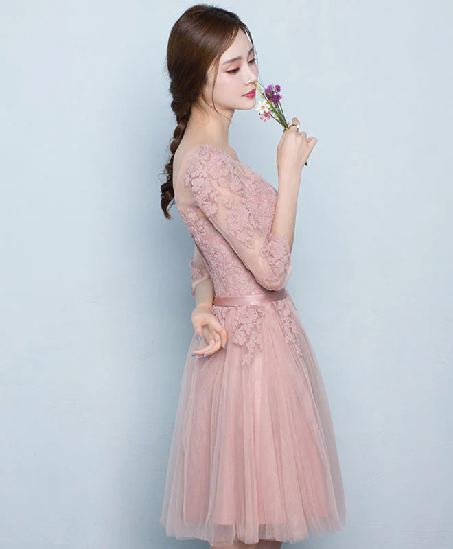 Pink Tulle Lace Short Prom Dress, Pink Tulle Bridesmaid Dress - Deanwangkt