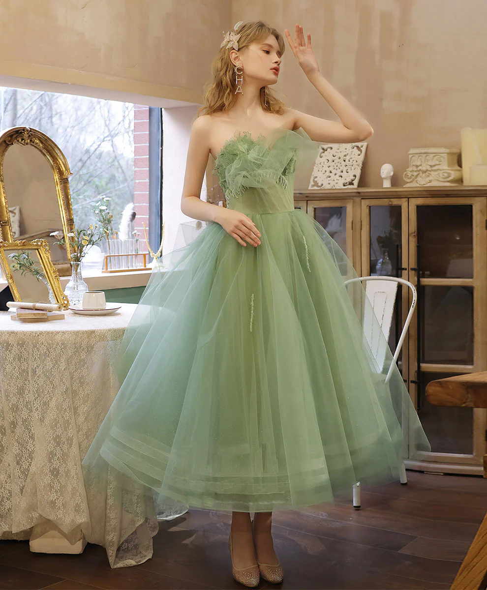 Aline Tulle Tea Length Green Prom Dress, Green Puffy Homecoming Dresses with Lace Applique Beading - Deanwangkt