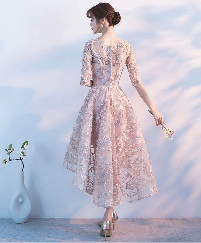 Champagne 1/2 Sleeve High Low Short Prom Dress, Homecoming Dress - Deanwangkt