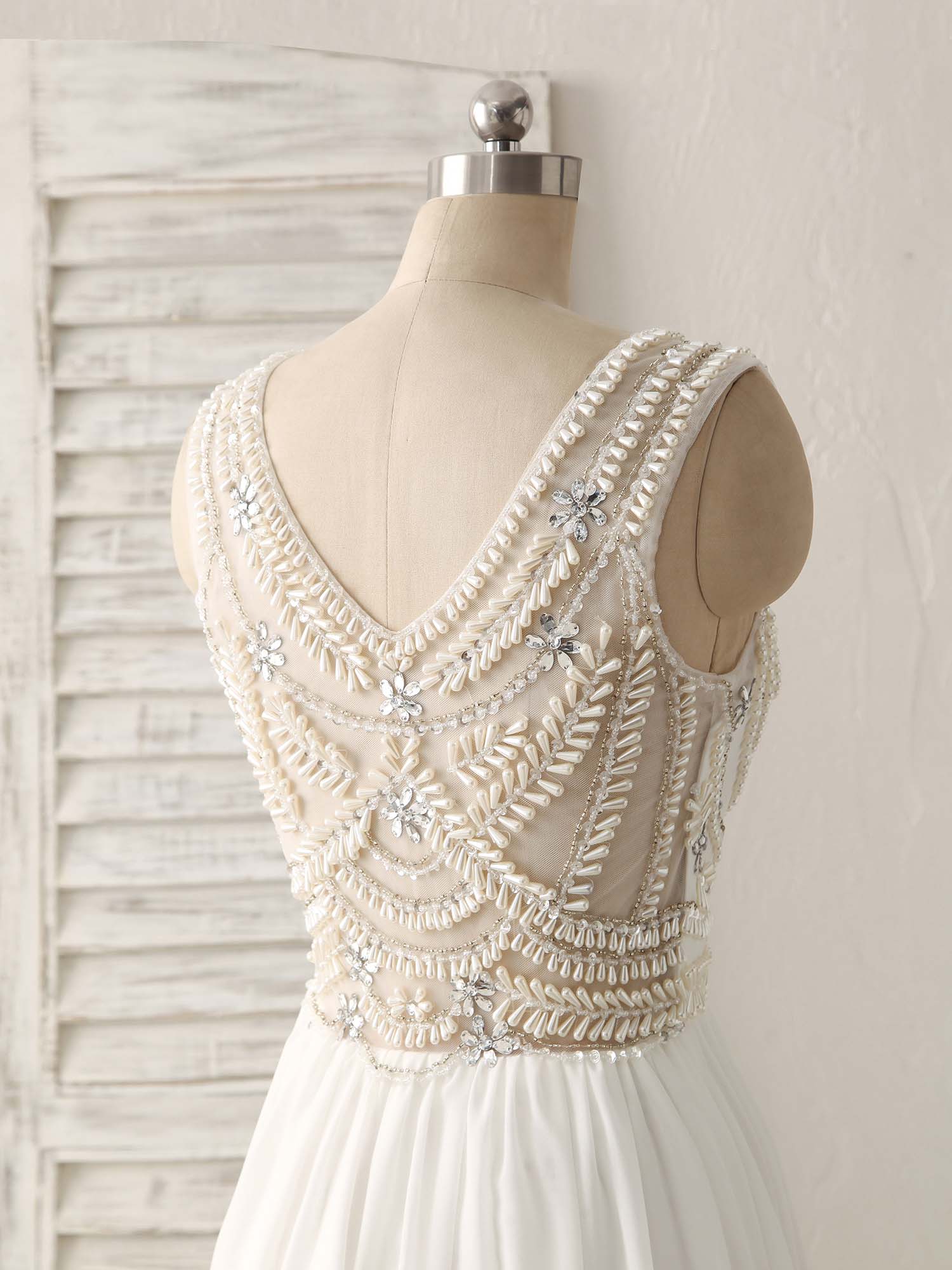 White V Neck Chiffon Long Prom Dresses, White Long Evening Dresses - Deanwangkt