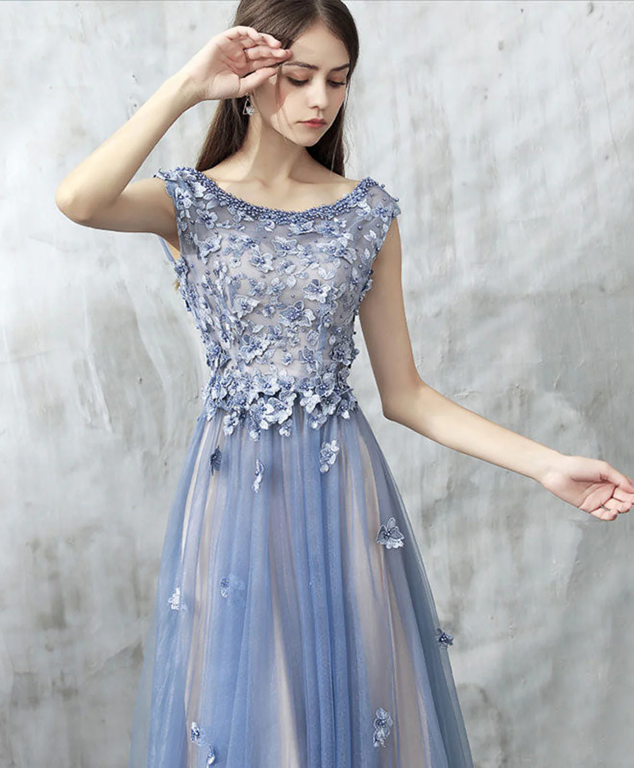 Blue Lace Applique Beads Tulle Long Prom Dress, Lace Evening Dress - Deanwangkt