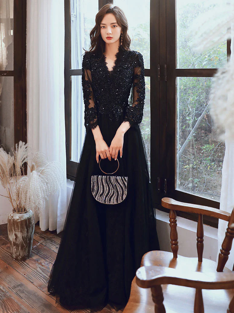 Black V Neck Tulle Lace  Beads Long Prom Dress, Black Tulle Evening Dresses - Deanwangkt