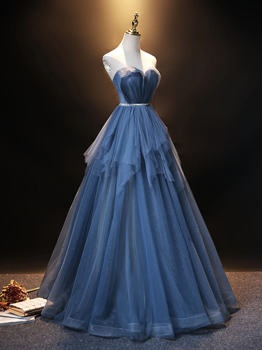 Blue Sweetheart Neck Tulle Long Prom Dress Blue evening dress - Deanwangkt