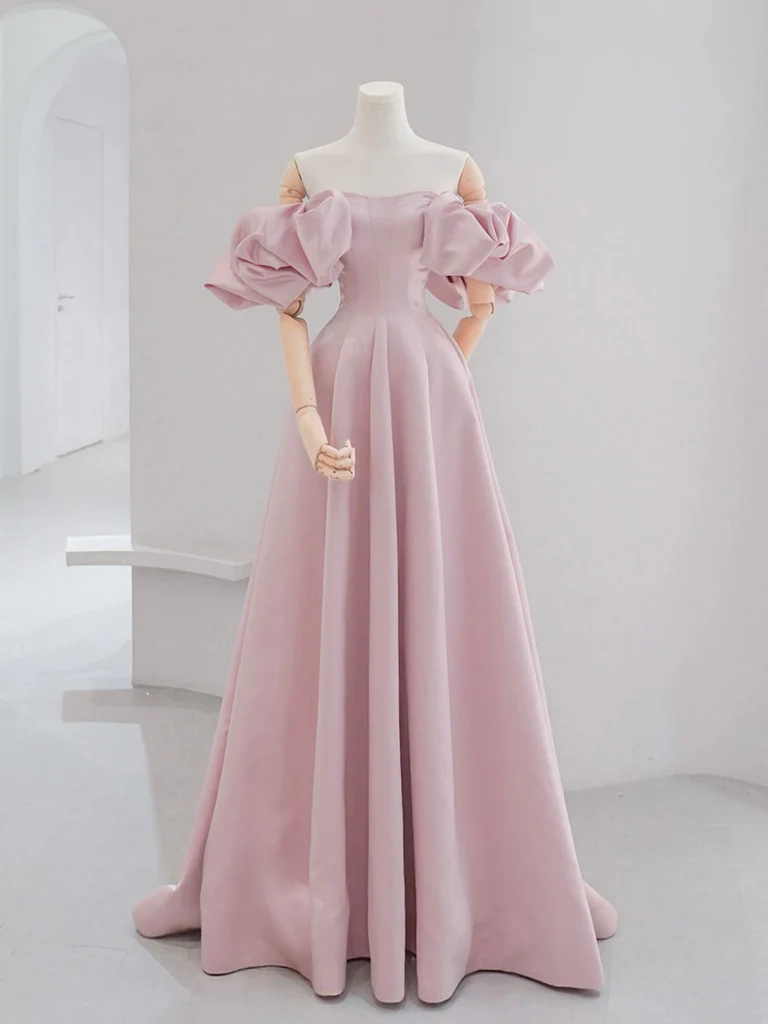 A-line Puff Sleeves Satin Pink Long Prom Dress, Pink Long Formal Dress - Deanwangkt